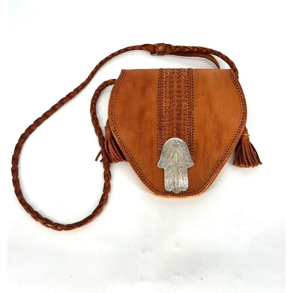 Vtg Four‎ Winds Leather Crossbody Brown Boho Hamsa Concho Morocco Braided Hippie